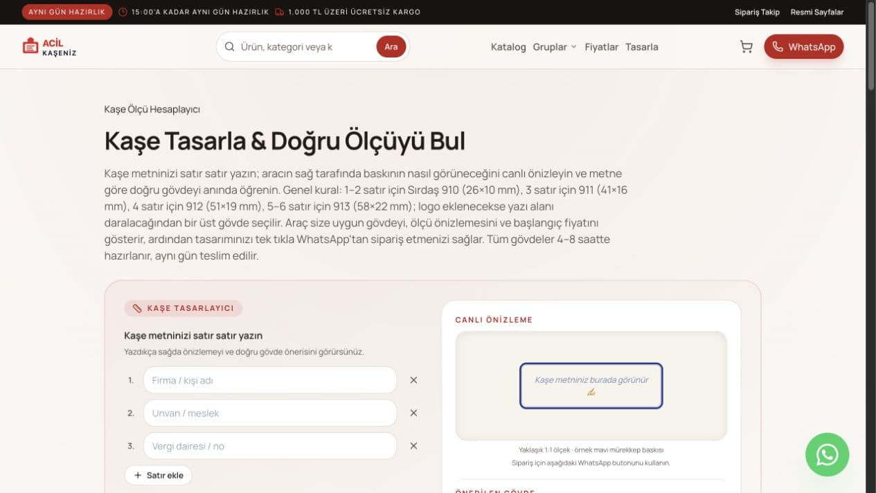 Acil Kaşeniz interactive stamp size calculator and preview
