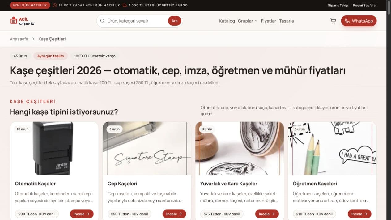 Acil Kaşeniz product catalog with stamp categories and prices