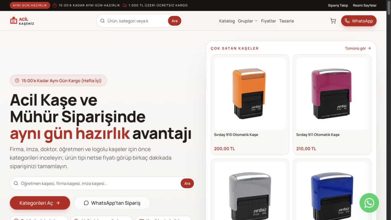Acil Kaşeniz commerce homepage with urgent stamp search and products