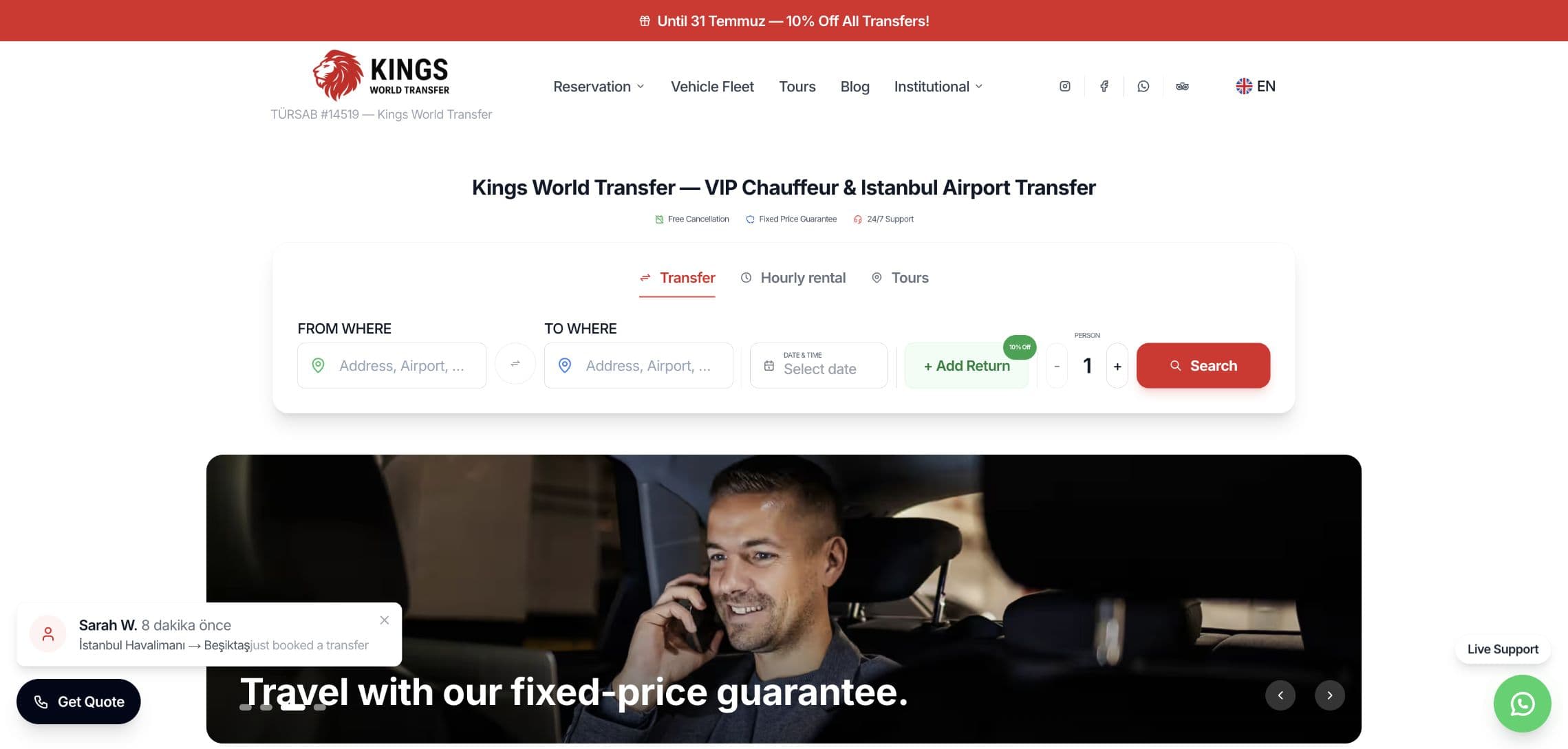 Kings World Transfer route search and booking interface