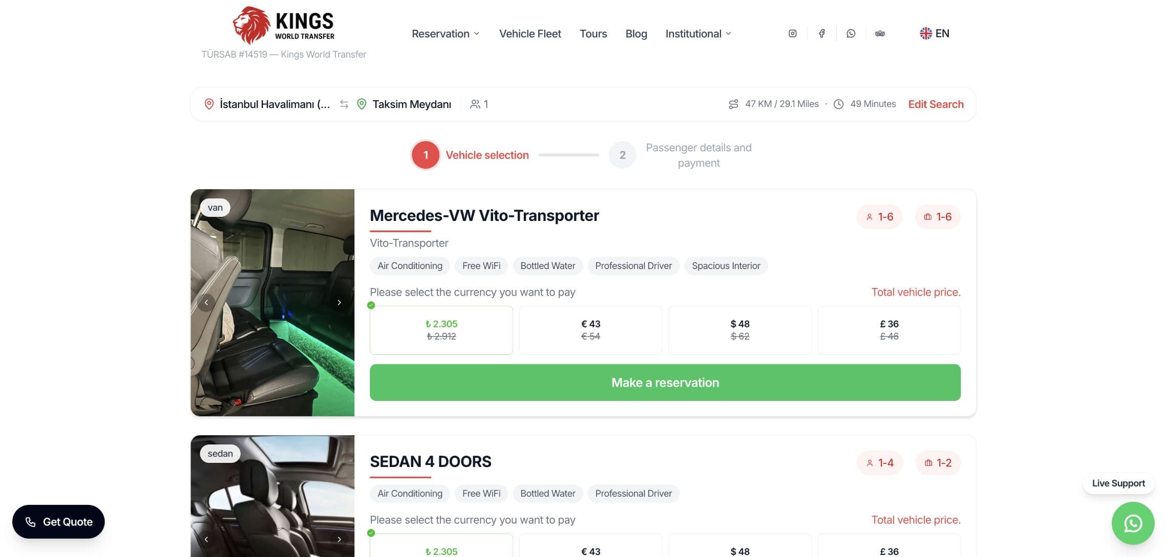 Vehicle selection with a validated airport-to-city route and quote
