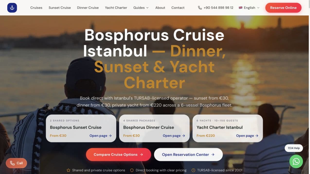 MerrySails homepage with sunset, dinner cruise, and yacht charter products